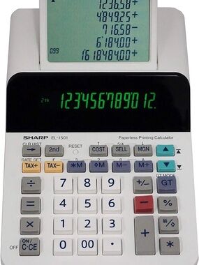 Sharp EL-1501 Desktop Paperless Printing Calculator in White with Black Display